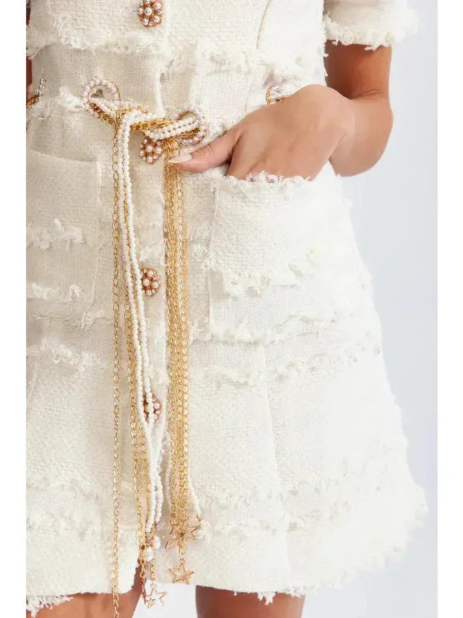 Luxury White Tweed Mini Dress with Pearl Chain Belt