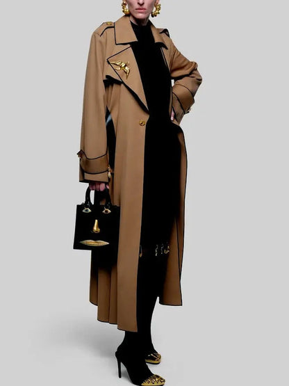 Belted Twill Trench Coat with Swallow Bird Brooch - Coats