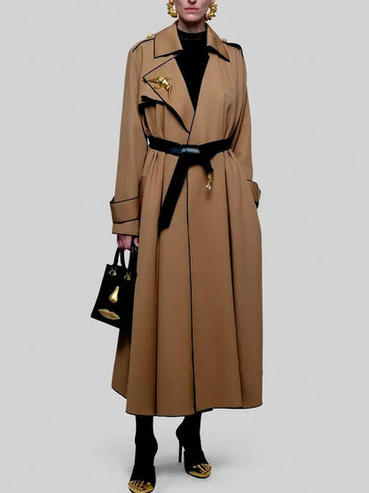 Belted Twill Trench Coat with Swallow Bird Brooch - Coats