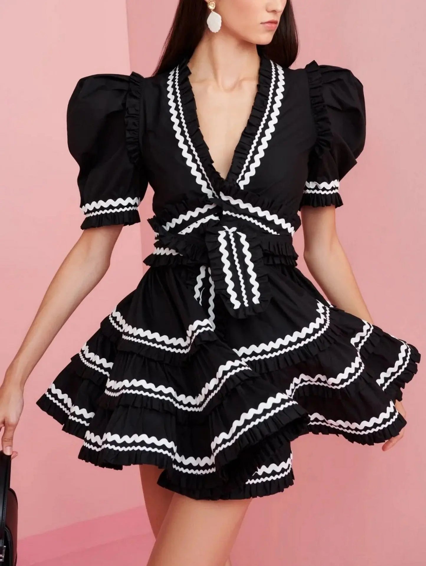 Belted V-Neck A-Line Mini Dress in Black and White - Dresses