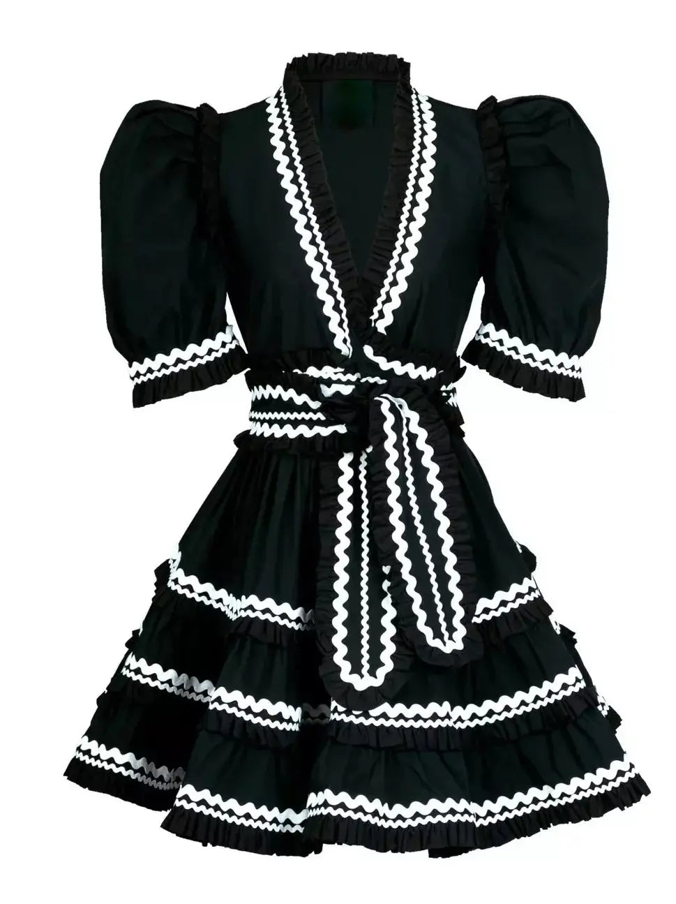 Belted V-Neck A-Line Mini Dress in Black and White - Dresses