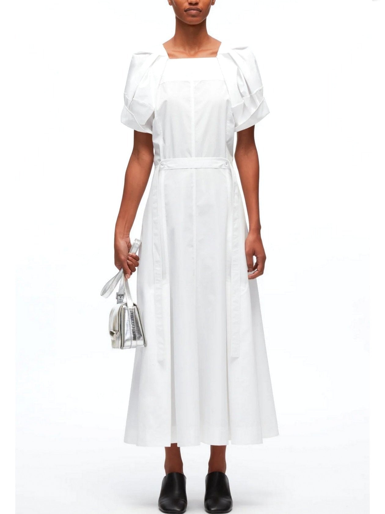 Belted White Cotton Puff-Sleeve Midi Dress - Dresses