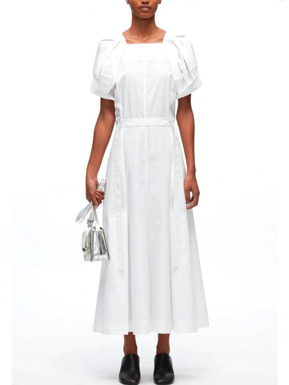 Belted White Cotton Puff-Sleeve Midi Dress - Dresses