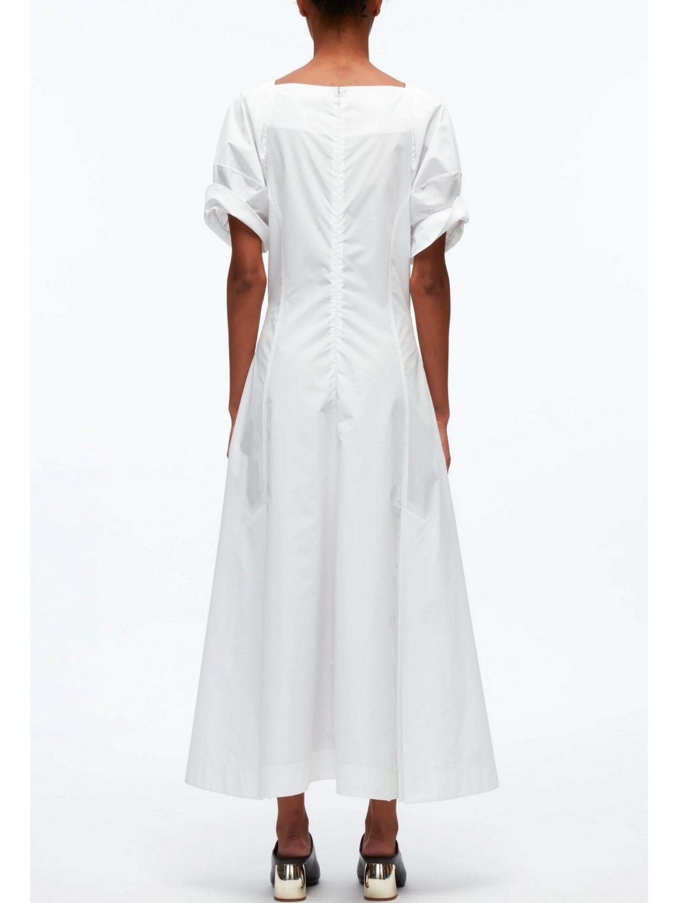 Belted White Cotton Puff-Sleeve Midi Dress - Dresses