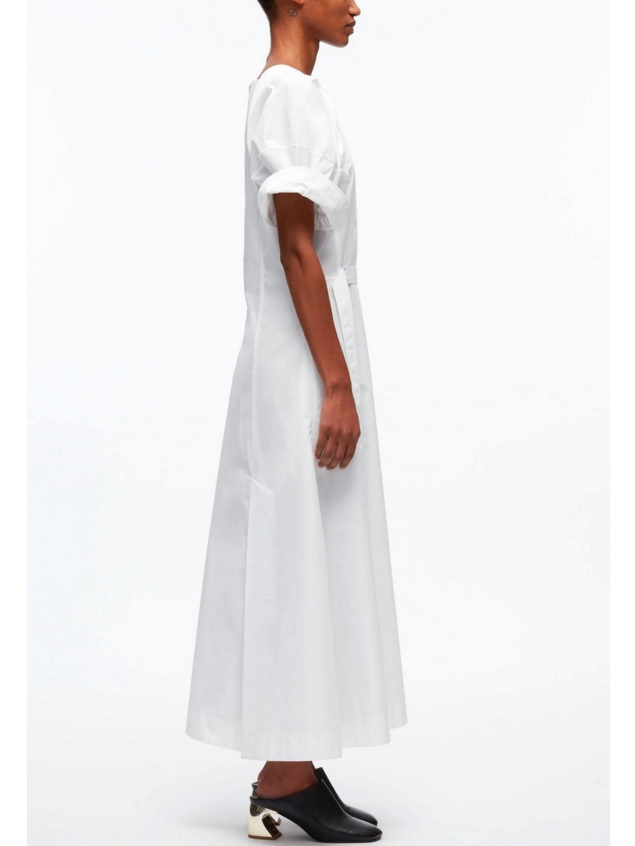 Belted White Cotton Puff-Sleeve Midi Dress - Dresses
