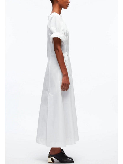 Belted White Cotton Puff-Sleeve Midi Dress - Dresses