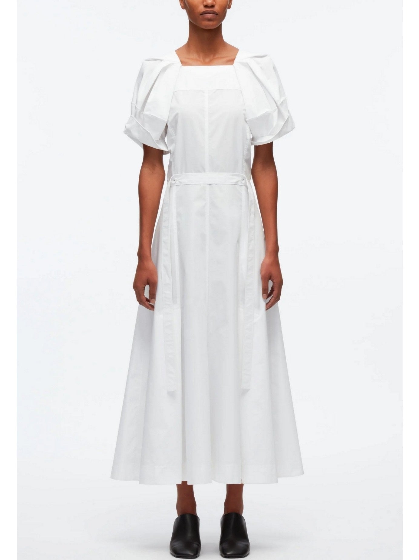 Belted White Cotton Puff-Sleeve Midi Dress - Dresses