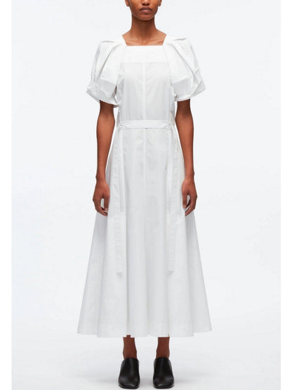 Belted White Cotton Puff-Sleeve Midi Dress - Dresses