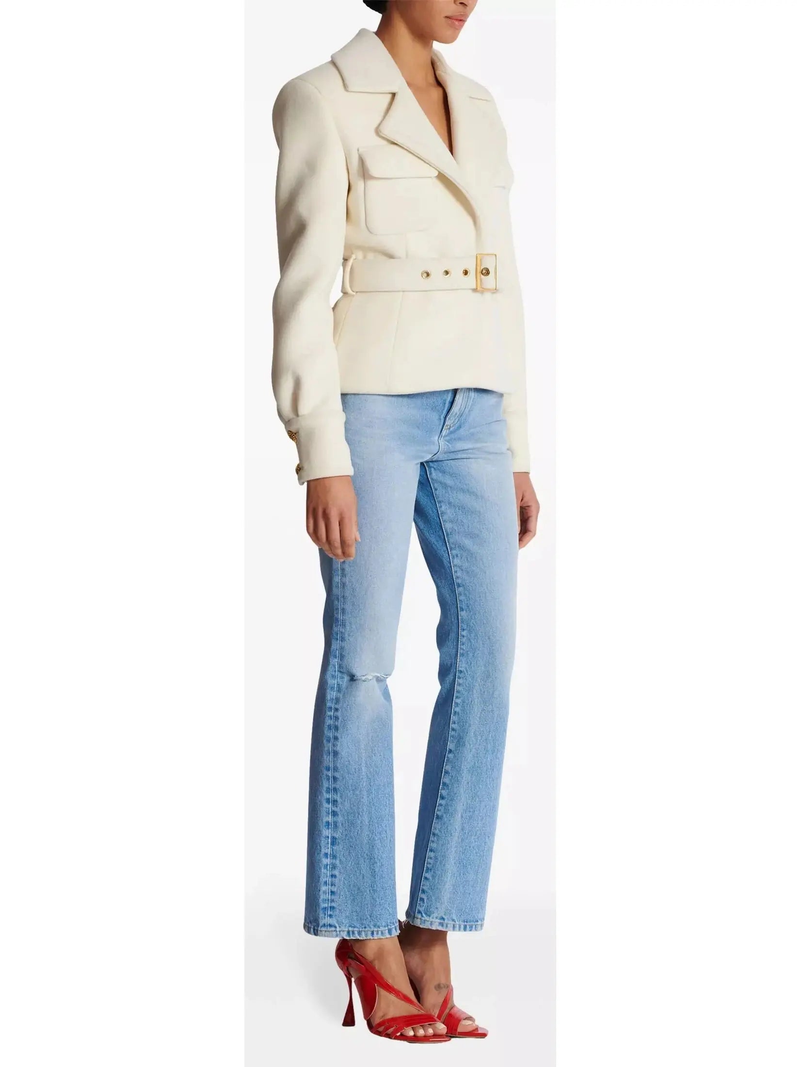 Belted Wool-Blend Jacket in White - Jackets