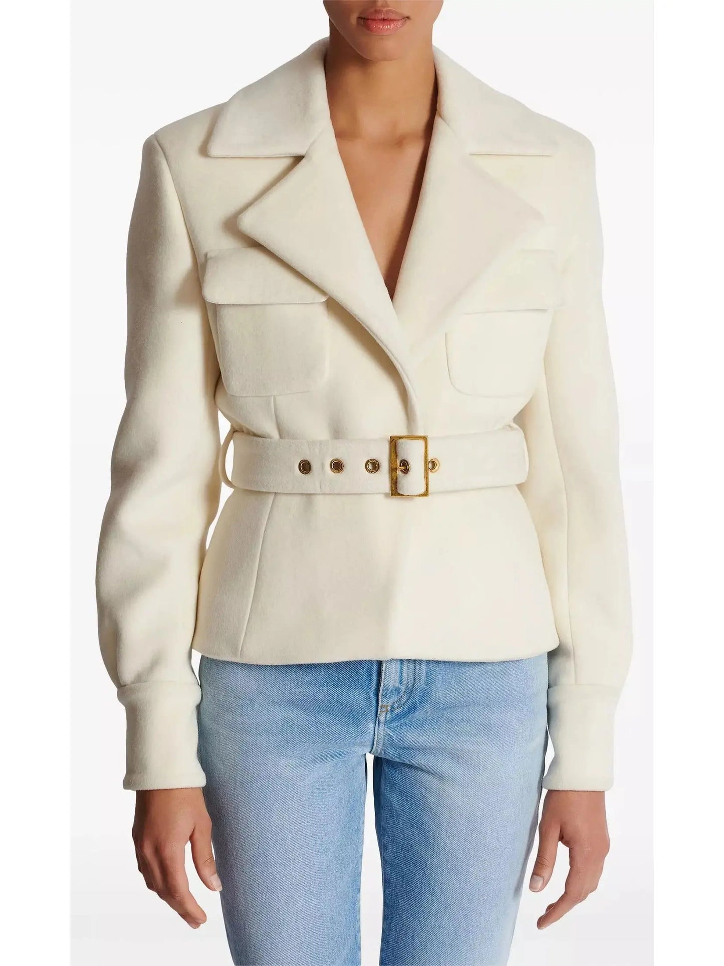 Belted Wool-Blend Jacket in White - Jackets