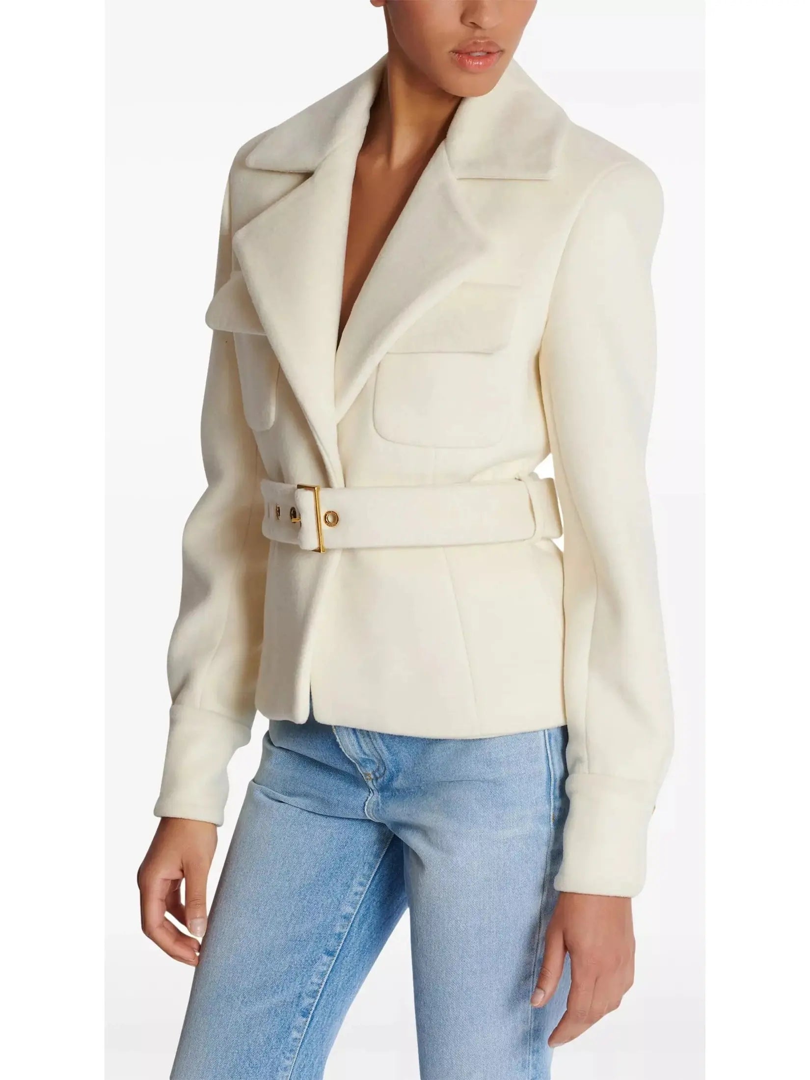 Belted Wool-Blend Jacket in White - Jackets