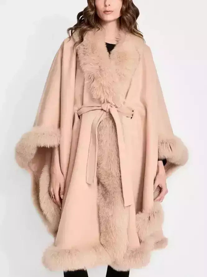 Belted Wool Cape Coat with Fur Trim - One size - Coats