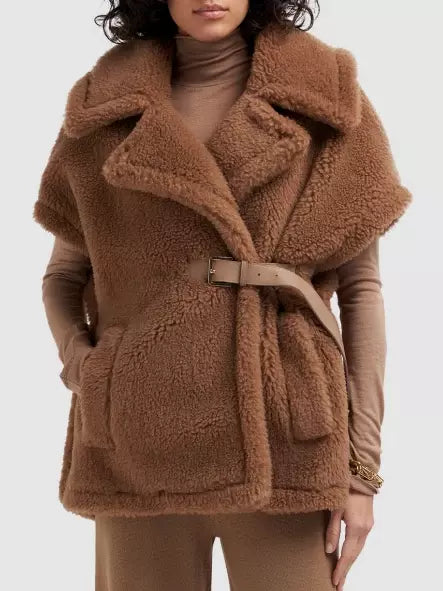 Brown Belted Wool Teddy Gilet in Camel with stylish belt detail for cozy warmth