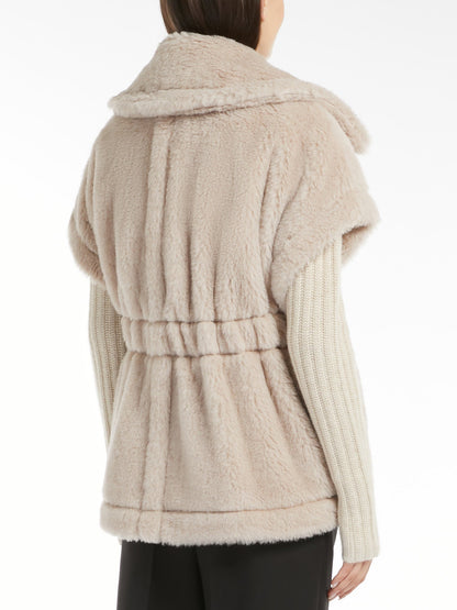 Beige Faux Fur Jacket with Sweater Sleeves - Belted Wool Teddy Gilet in Sand