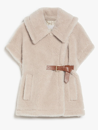 Cream-colored faux fur cape with brown belt for Belted Wool Teddy Gilet in Sand