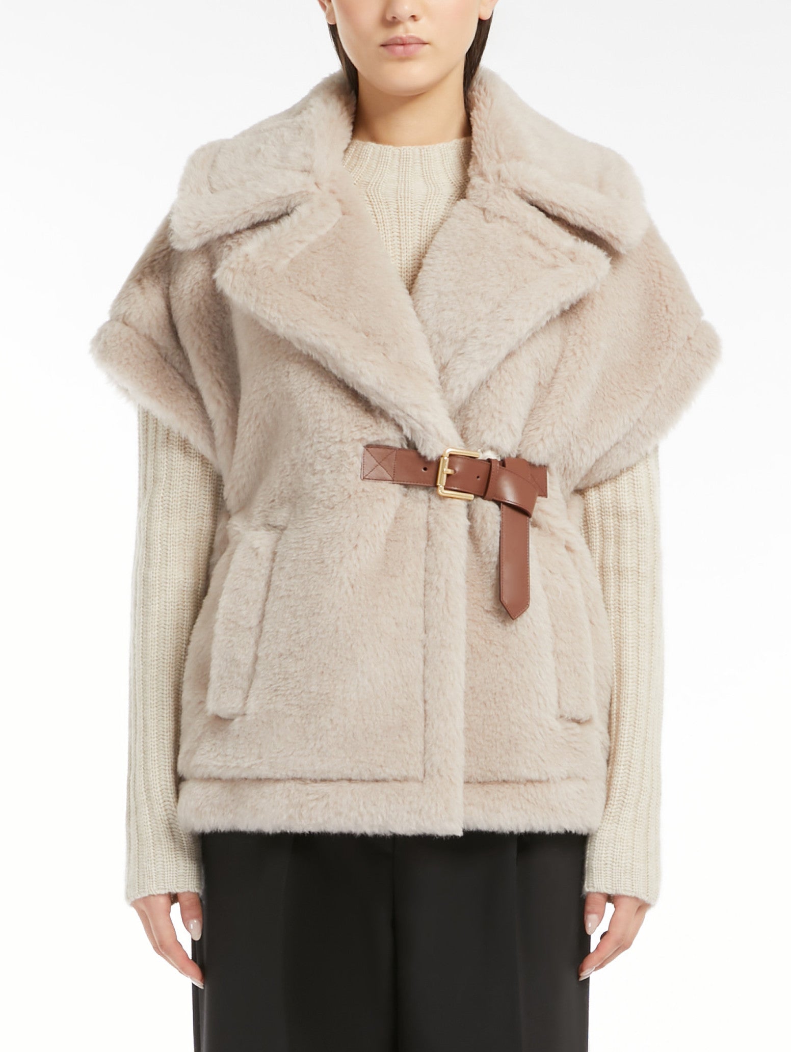 Beige faux fur vest with brown belt, perfect for the Belted Wool Teddy Gilet in Sand