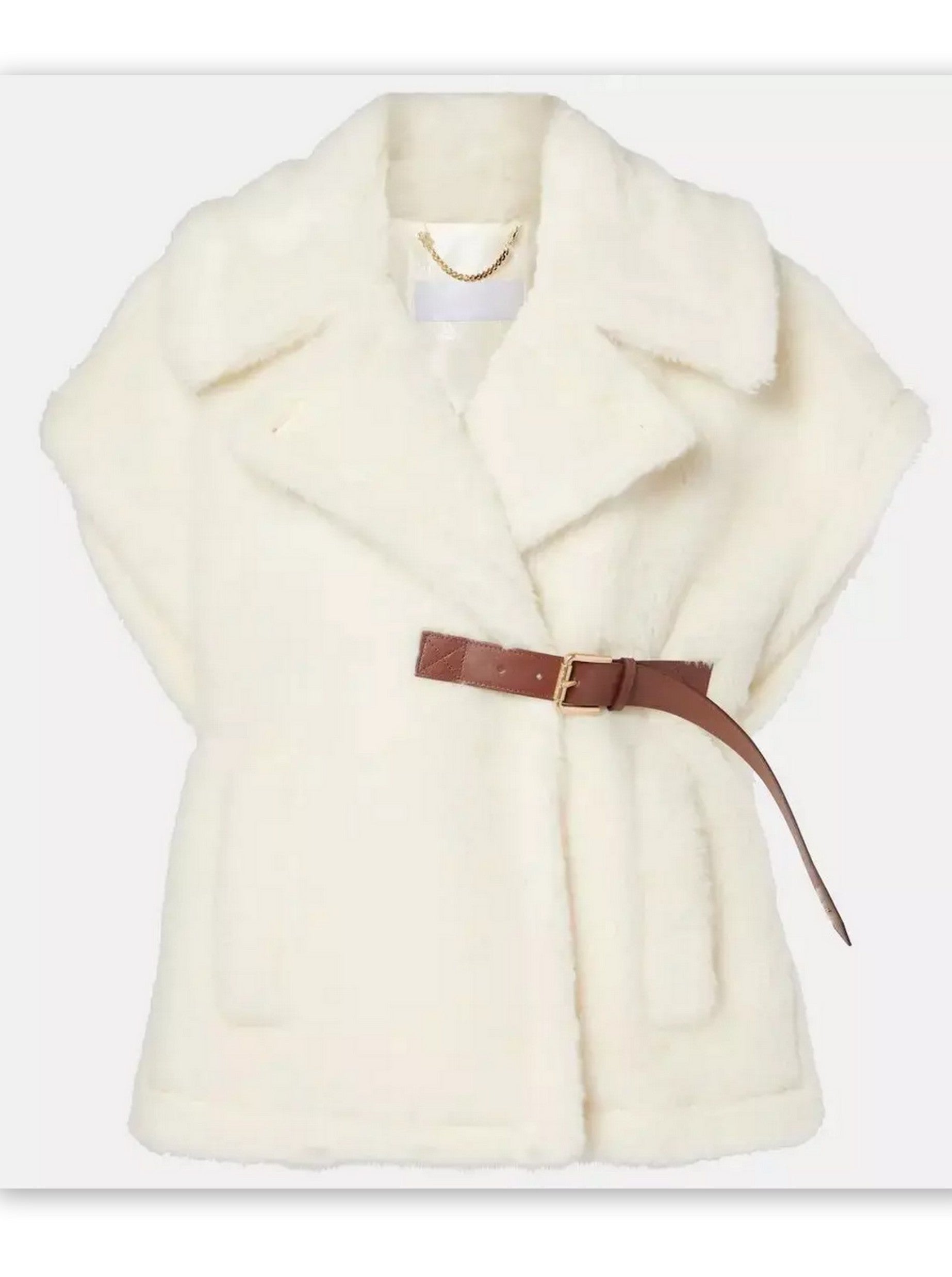 Cream-colored faux fur belted wool teddy gilet with a stylish brown belt