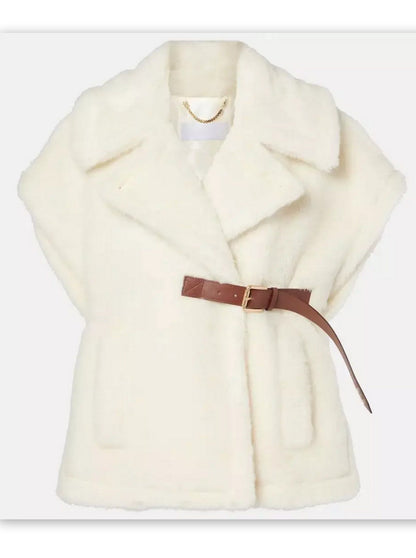 Cream-colored faux fur belted wool teddy gilet with a stylish brown belt