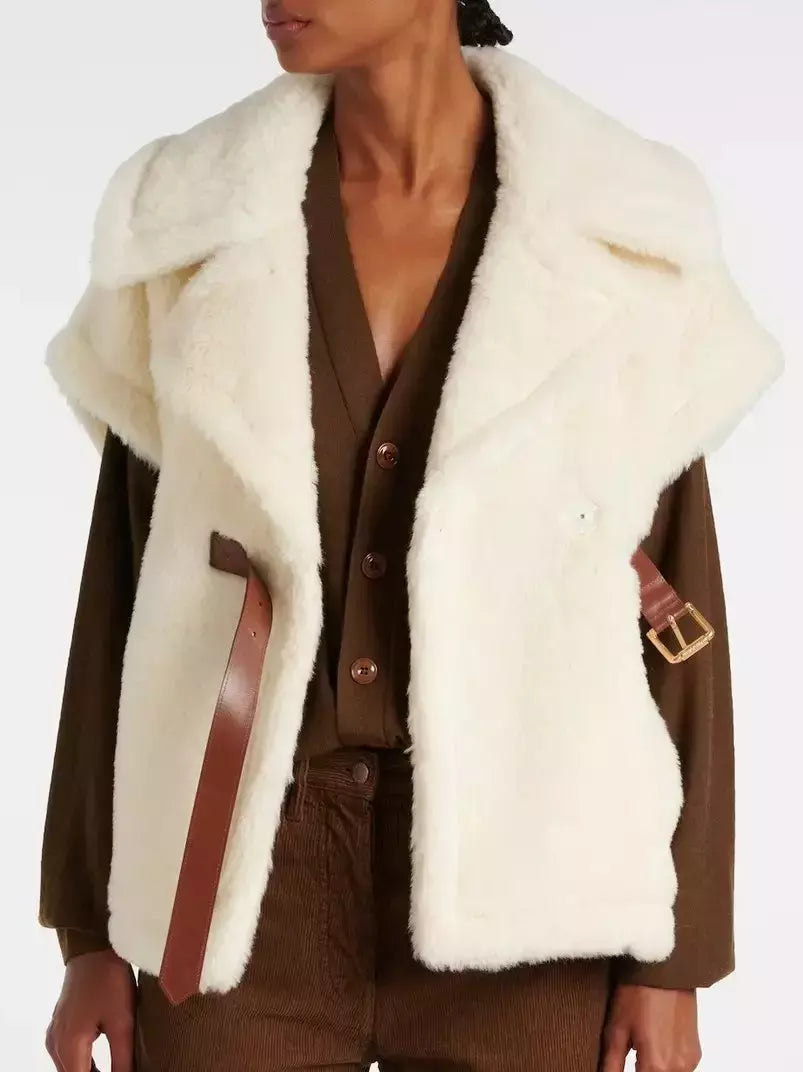 Cream-colored faux fur teddy gilet with brown belt in stylish belted wool teddy design