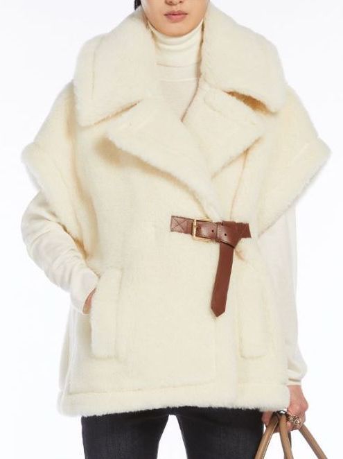Cream-colored faux fur Belted Wool Teddy Gilet with brown belt for stylish warmth