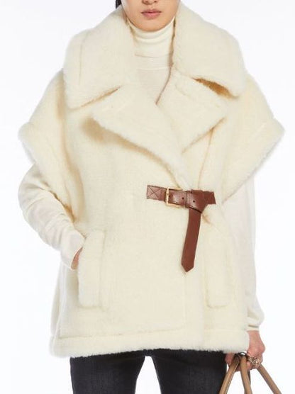 Cream-colored faux fur Belted Wool Teddy Gilet with brown belt for stylish warmth