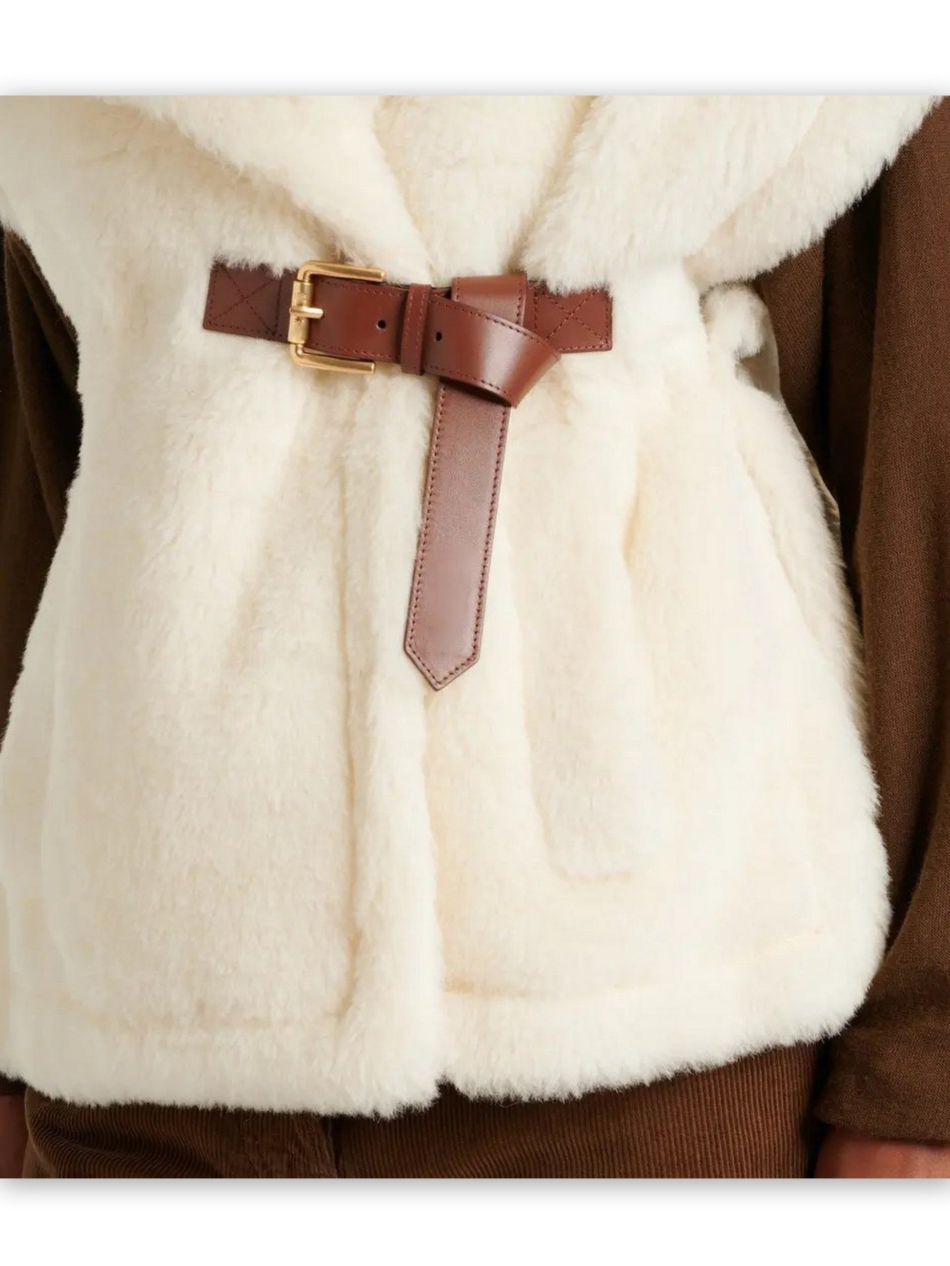 Cream-colored Wool Teddy Gilet with a brown belt for stylish warmth and comfort