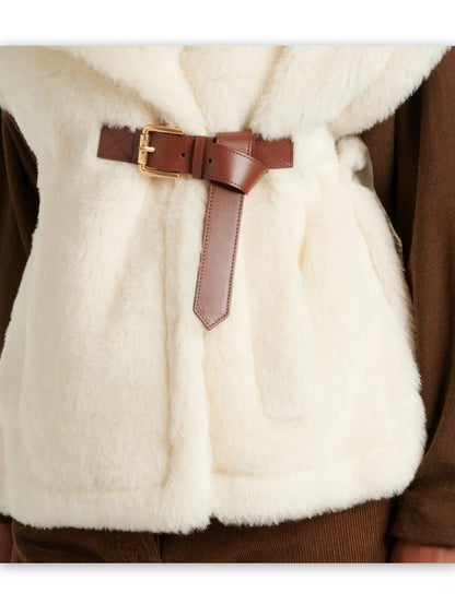 Cream-colored Wool Teddy Gilet with a brown belt for stylish warmth and comfort