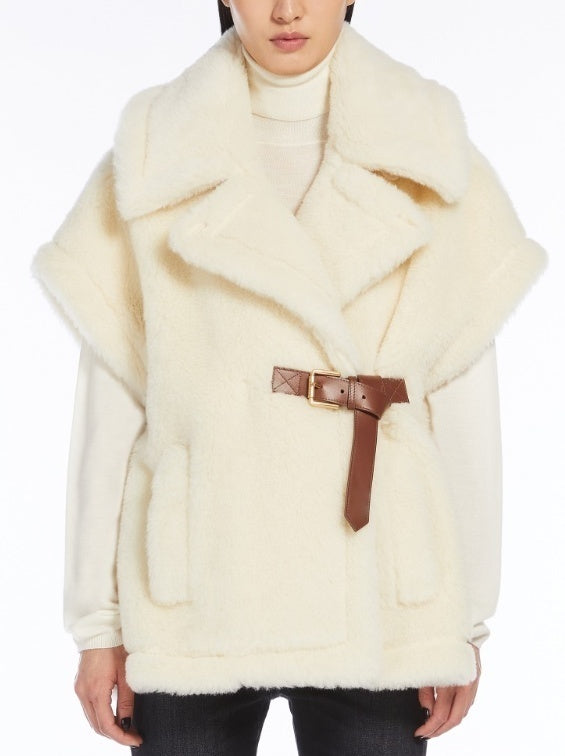 Cream-colored faux fur vest with brown leather belt in Belted Wool Teddy Gilet