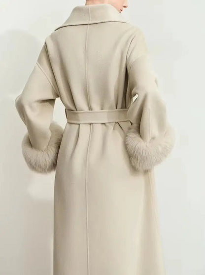 Belted Wrap Wool Coat with Detachable Fox Fur Cuffs in Beige - Coats