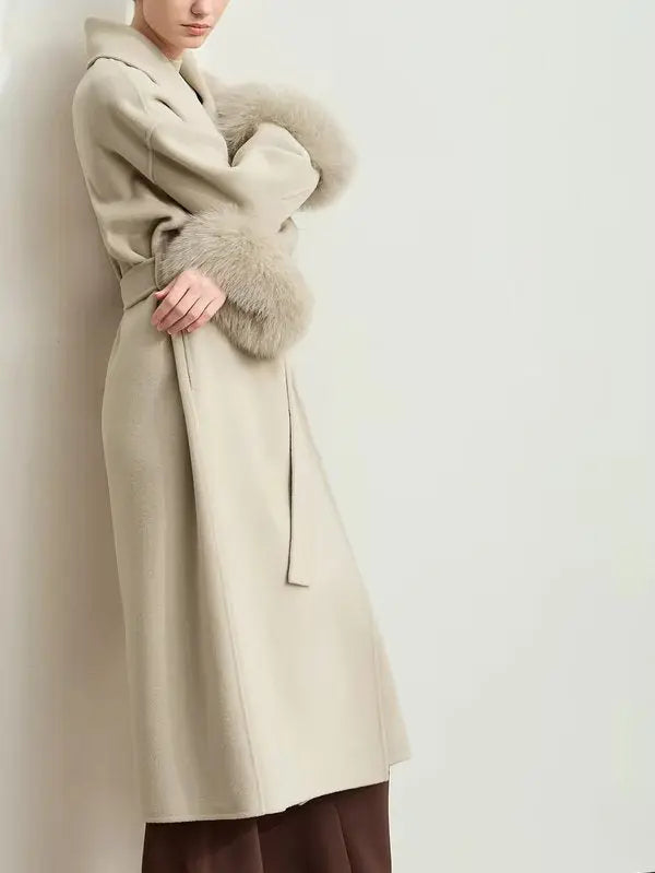 Belted Wrap Wool Coat with Detachable Fox Fur Cuffs in Beige - Coats