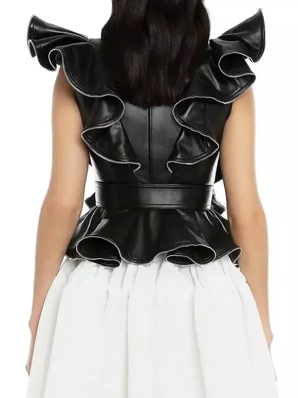 Belted Zipped Ruffle Leather Vest - Jackets