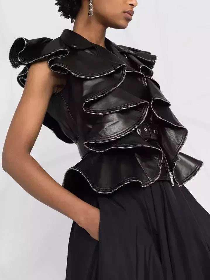 Belted Zipped Ruffle Leather Vest - Jackets