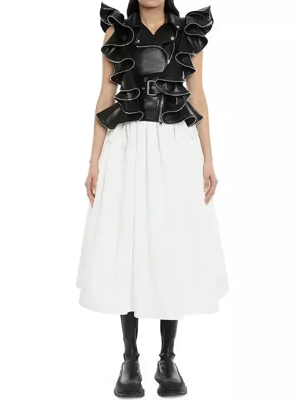 Belted Zipped Ruffle Leather Vest - Jackets