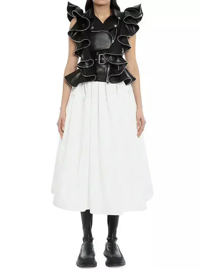 Belted Zipped Ruffle Leather Vest - Jackets