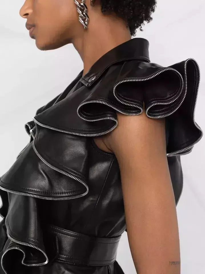 Belted Zipped Ruffle Leather Vest - Jackets