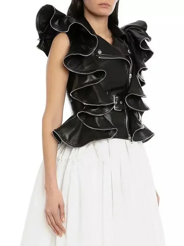 Belted Zipped Ruffle Leather Vest - Jackets