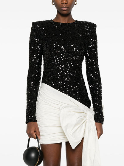 Sequin-covered long-sleeve bodysuit in Bi-Color Gathered Bow-Detail Mini Dress style