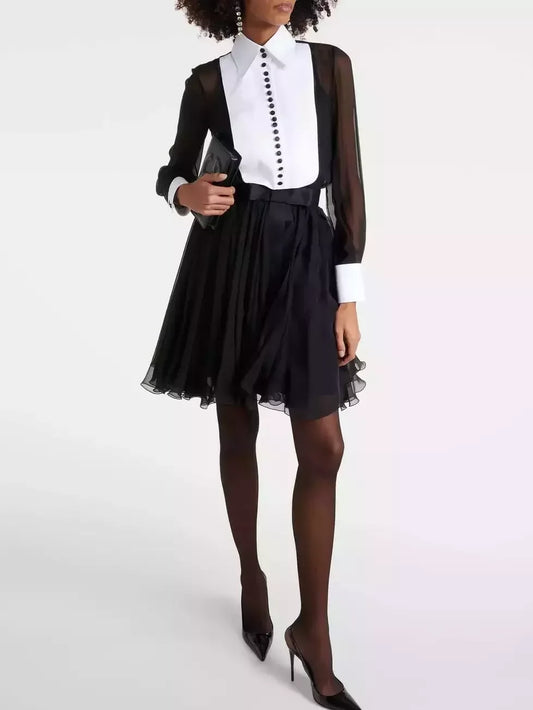 Bib-Collar Silk-Blend Tuxedo-Style Shirt-Dress - S - Dresses