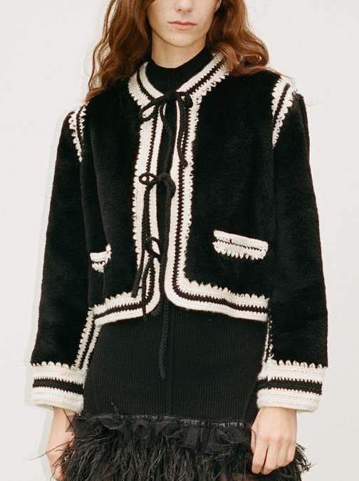 Bicolor Crochet Knit Faux-Fur Jacket - Jackets