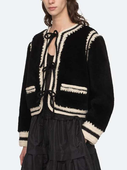 Bicolor Crochet Knit Faux-Fur Jacket - Jackets