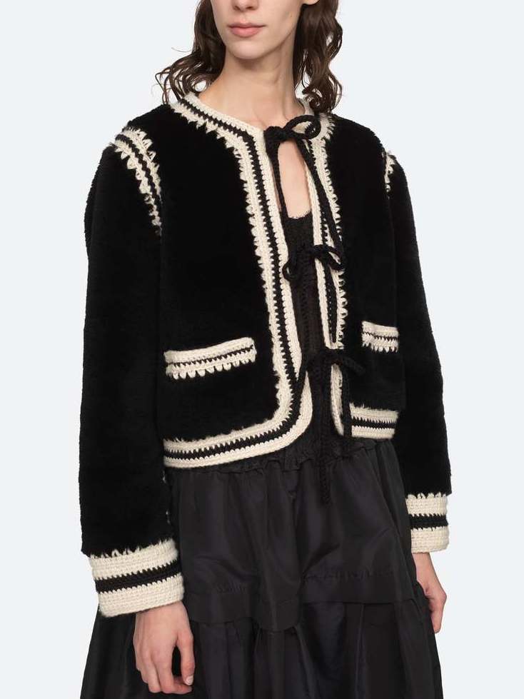 Bicolor Crochet Knit Faux-Fur Jacket - Jackets