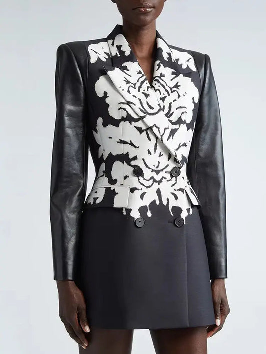 Bicolor Damask Pattern Faux-Leather and Jacquard Blazer - Jackets