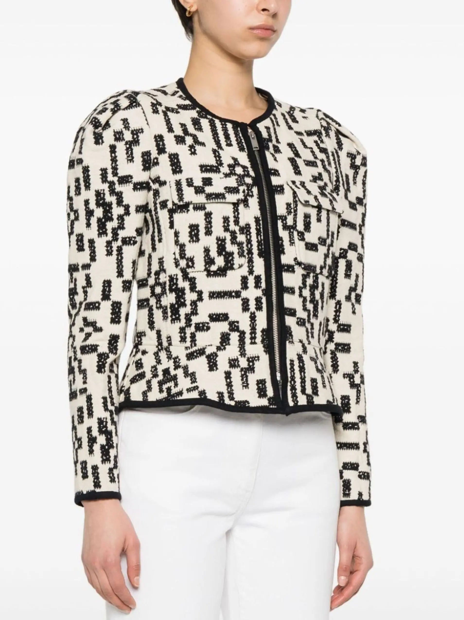 Bicolor Graphic Front-Zip Jacquard Canvas Jacket - Jackets