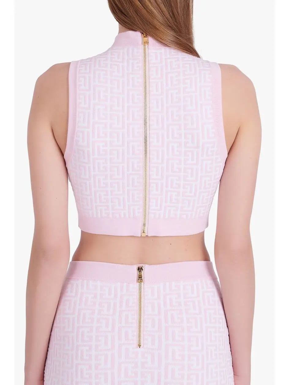 Bicolor Jacquard Crop Top with Monogram Print Pink - Tops