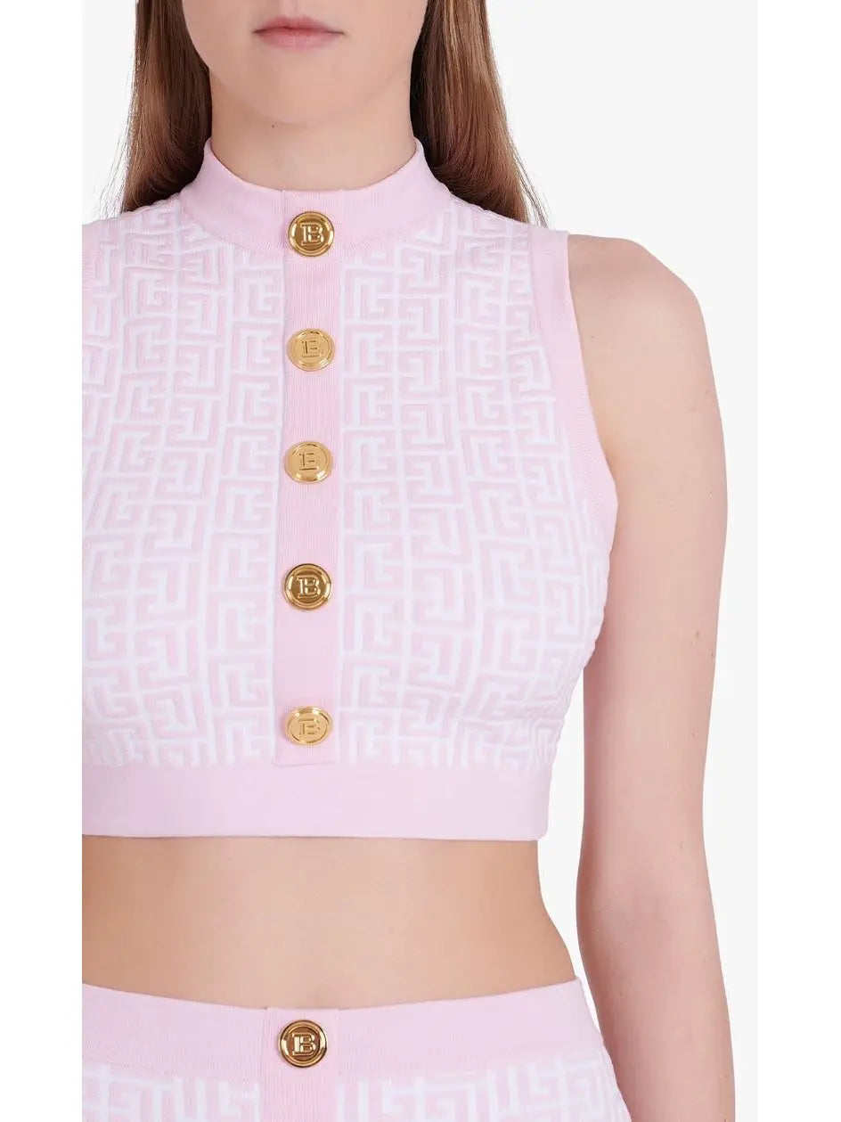 Bicolor Jacquard Crop Top with Monogram Print Pink - Tops