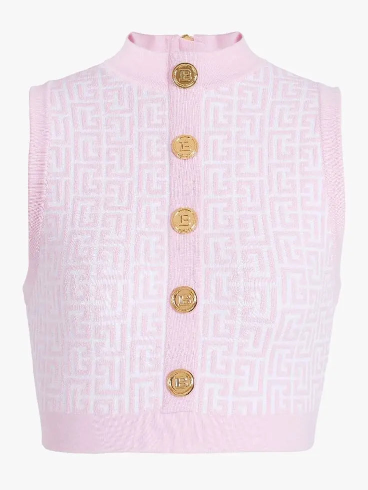 Bicolor Jacquard Crop Top with Monogram Print Pink - Tops