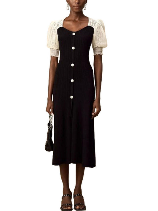 Bicolor Knit Dress with Lace Short Sleeves - Dresses