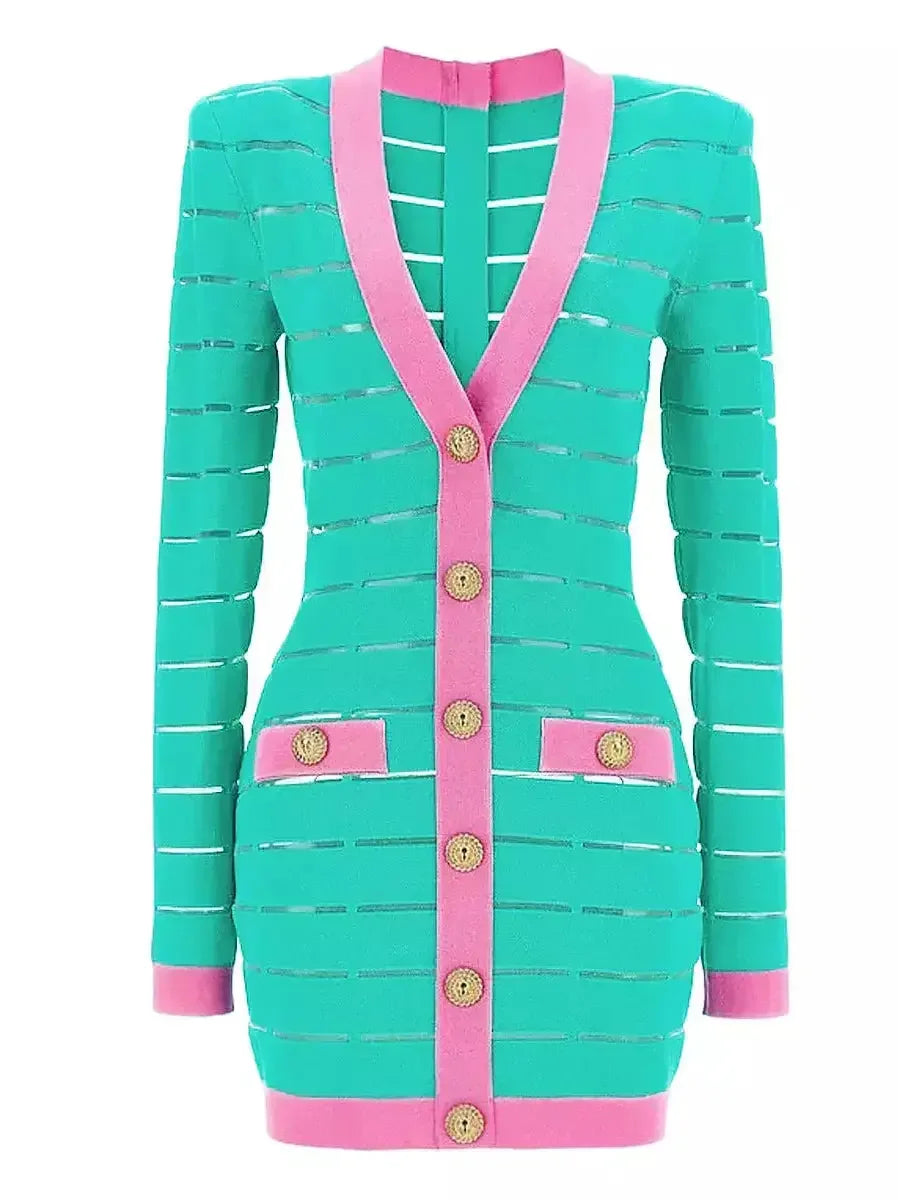Bicolor Low-Cut Stretch Knit Buttoned Mini Dress - Dresses