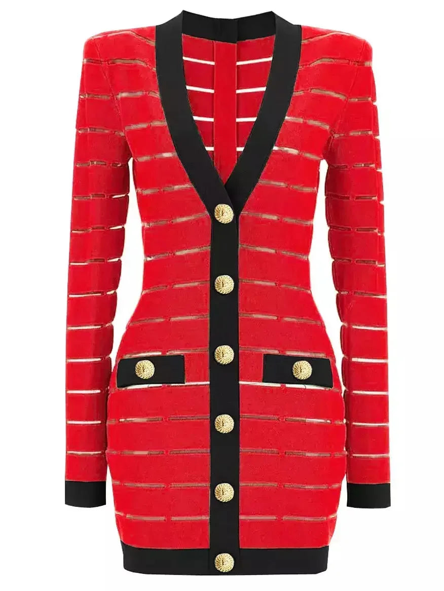 Bicolor Low-Cut Stretch Knit Buttoned Mini Dress - Dresses