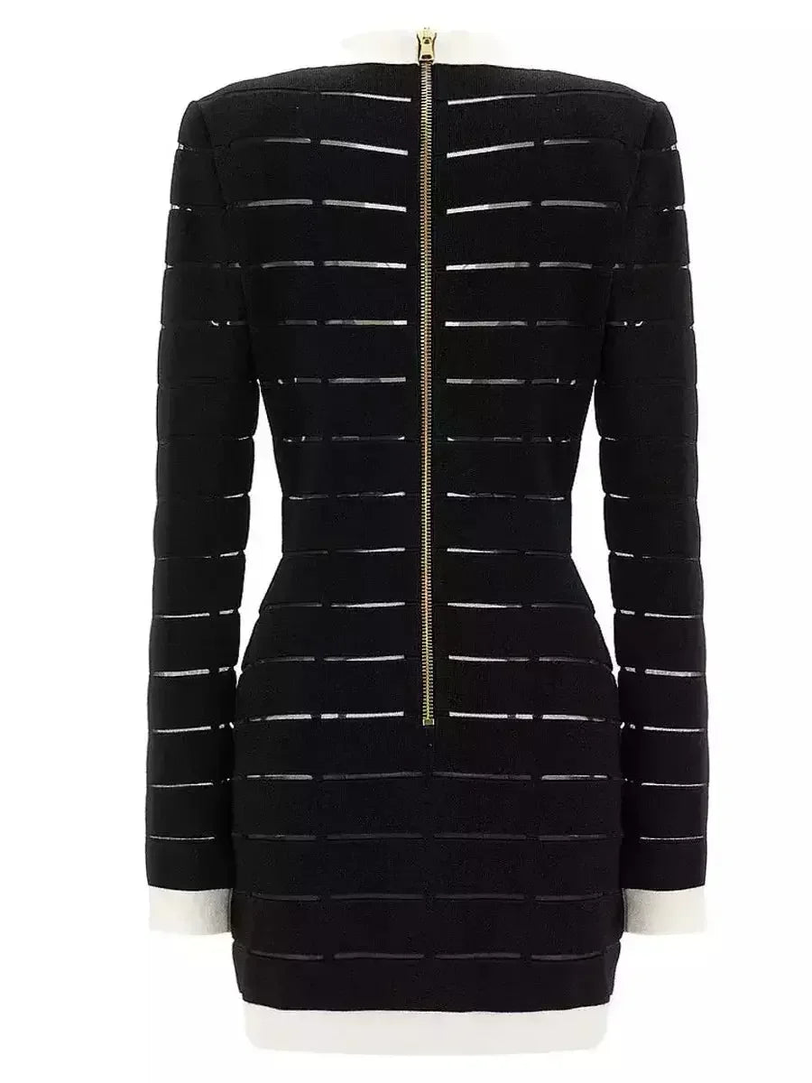 Bicolor Low-Cut Stretch Knit Buttoned Mini Dress - Dresses